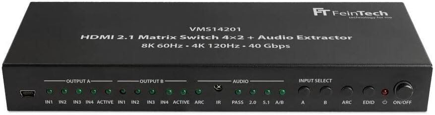 FeinTech VMS14201 HDMI 2.1 Matrix Switch 4x2 Switch 4K 120Hz 8K Ultra HD 4 in 2 Out Audio Extractror ARC Toslink SPDIF Downscaler for Xbox PS5 TV Monitor HDR VRR 40Gbps