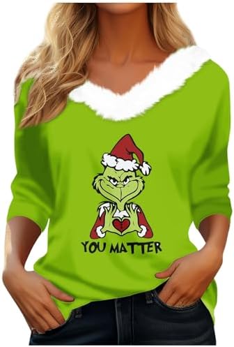 Christmas Shirts for Women Funny Long Sleeve Christmas Tops Loose Fit Xmas V Neck Fleece Collar Tops