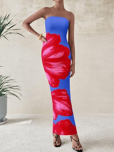 Image of PRETTYGARDEN Women Summer Strapless Maxi Dress Bodycon Floral Sexy Long Wedding Guest Dress Formal Tube Mesh Cocktail Dresses