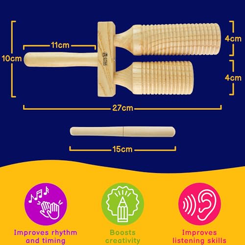A-Star Two Tone Double Wood Block Agogo Guiro Scraper with Wooden Beater, Percussion Rhythm Block - Image 2