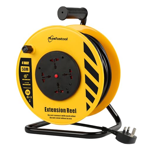50M Extension Outdoor or Indoor Lead 4 Socket Extension Reel Heavy Duty Extension Cable Thermal Cut Out UK Outdoor Plug Extension Lead for Garden Garage Camping