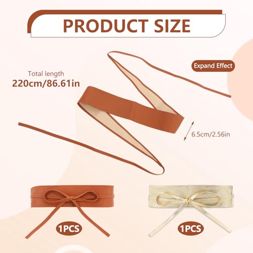 2 PCS Wide Belts for Women, Camel Gold Corset Belt, Fashionable Imitation Leather Design, Wrapped Bow Design, Suitable for Dresses, Gowns, Shirts2