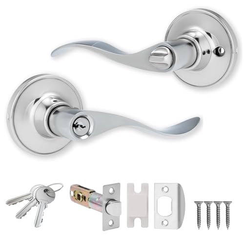 XFORT Juego de pomos de entrada estilo cabriole cromados pulidos, pomo de puerta con cerradura para puertas interiores de madera, juego completo con pestillo tubular y 3 llaves