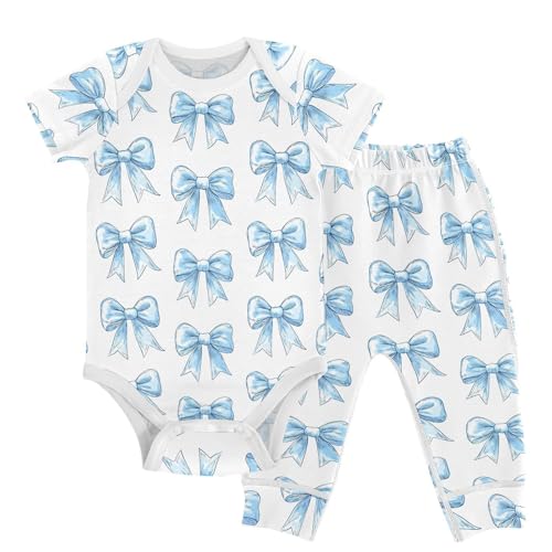 vvfelixl Light Blue Silk Bow Baby Bodysuits Set,Baby Layette Sets Unisex Short Sleeve Babys Pants Sets 6-9M