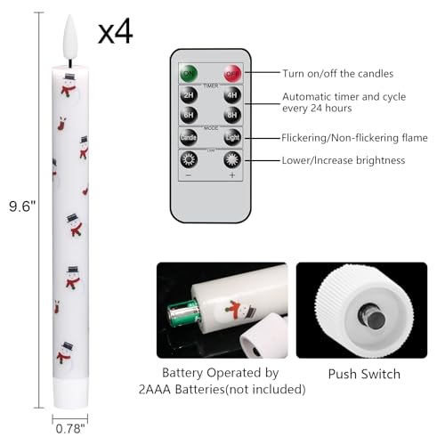 Image of GenSwin Christmas Taper Candles with Snowman Decals, 4 Pack LED Taper Candles with Timer, Real Wax Flickering LED Flickering Flameless Candlesticks with Christmas Prints for Home Decor(0.78 inch x 9.6 inch)