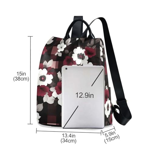 KLL Red and Blue Flower Squares Fashion backpack for teens Anti-theft college backpacks for women for Travel, Work, Everyday with Pom-pom keychain3