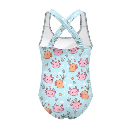 Image of Girls One Piece Swimsuit Axolotl Cross Back Straps Bathing Suit Lightweight Quick Dry Gymnastics Leotard