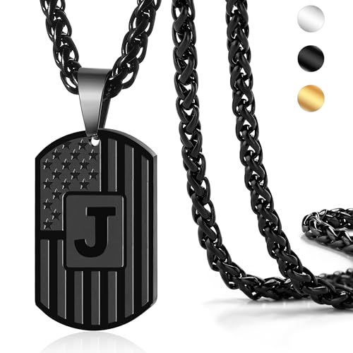 DuoDiner Initial Necklace Gifts for Men Boys Kids,A-Z Capital Letter American Flag Dog Tag Necklaces 24 Inches Stainless Steel Mens Jewelry Gifts
