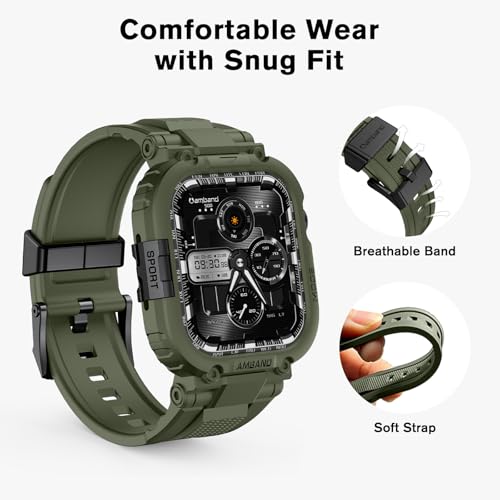 Image of amBand Compatible with Apple Watch Series 11 /10 42mm Bands Case for Men Women, M1 Sport Rugged Heavy Duty Protective Cover Tactical Strap Military Protector Bumper for iWatch Accessories - Army Green