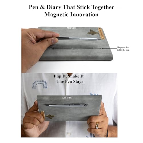 Image of AICA Personalized Name & Charm Magnetic Stick Leather (Grey) Diary & Roller Pen |Customized Corporate Gift for Men Women |Diwali Gifts for Family and Friends|Diary for Men Women |Gifts For Employee