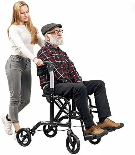 BNEHS Rollator Walker with Seat for Seniors, Transport Wheelchairs with Thickened Brake Pads for Adults, 2-in-1 Rolling Walkers Folding Mobility Aid Chair, Black