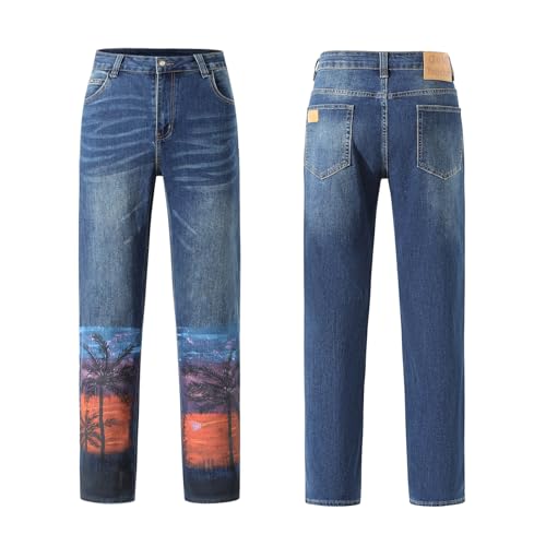 Men's Designer Washed Printed Straight Slim Fit Cotton Blend Jeans Comfort Skinny Biker Denim Pants3