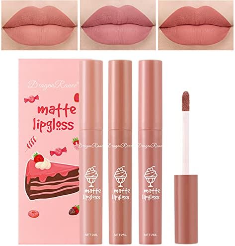 3Pcs Nude Matte Lipstick Set, Long-Lasting Waterproof Lipsticks Non-Stick Cup Not Fade Lip Gloss, Smooth Crayon Lip Stain Set Lip Makeup Liquid Lipstick for Women (Set B)