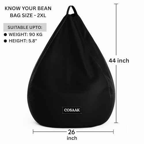 Image of Bean Bag Cover, Faux Leather, 66 x 86 x 112 cm, Indoor Gaming and Reading Chair (Black, XXL, Solid)