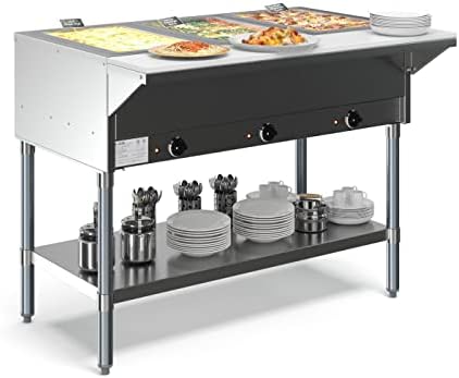 KoolMore 3-Pan Open Well Commercial Electric Stainless Steel Steam Table Food Warmer for Buffets with Undershelf, Warming Control Knobs, and Front Serving Area [120V] (KM-OWS-3), Silver