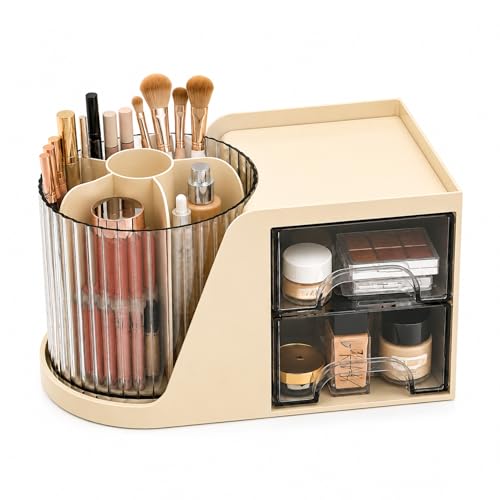 Image of KiZY Luxury 360 Rotating Makeup Brush Holder Organizer | Countertop Organizer Skincare Storage for Vanity, Desktop, Bathroom, Cosmetics | Lipstic, Eyeliners, Perfume Storage. (ROT CREAM)