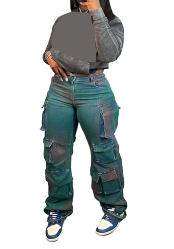 LKOUS Women's High Waist Cargo Jeans,Baggy Y2K Denim Pants with Multi Pockets