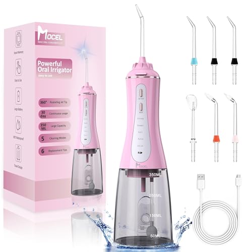 MOCEL Water Dental Flosser Oral Irrigator with 5 Modes, 350ml Cordless Water Teeth Cleaner Pick 6 Tips, IPX7 Waterproof Portable Powerful Battery for Travel & Home Braces & Bridges Care (Pink)