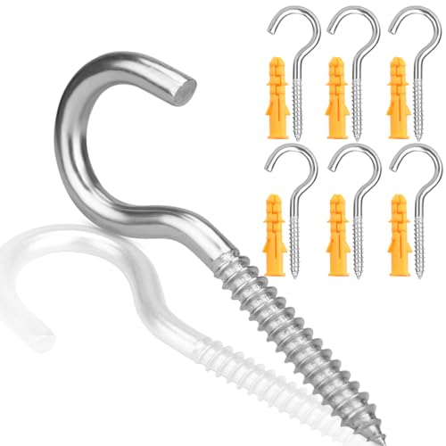 Ruayia 304 Screw-in Hooks in Stainless Steel, 6 PCS Eyelet Screw Hooks, 63mm/2.48 inch, Metal Screw in Ceiling Self Tapping Stainless Steel, Washing Line Hook for Hanging Plants, Cups, Utensils