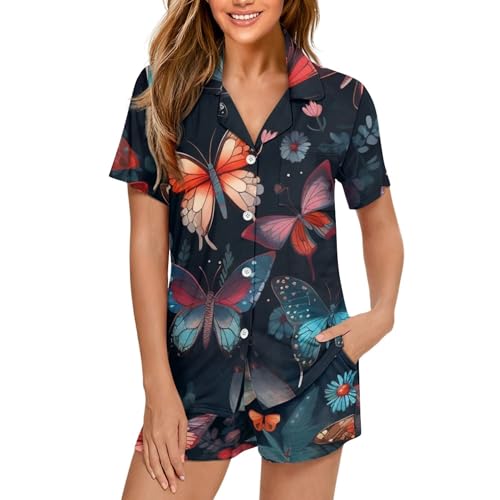 Image of Pjs Womens Short Sleeve Button Down Pajamas Set Two-Piece Nightwear with Pockets