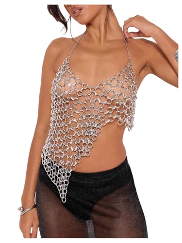 MakeMeChic Womens Metal Chain Strap Halter Crop Top Asymmetrical Open Back Party Night Out Tops Silver Small