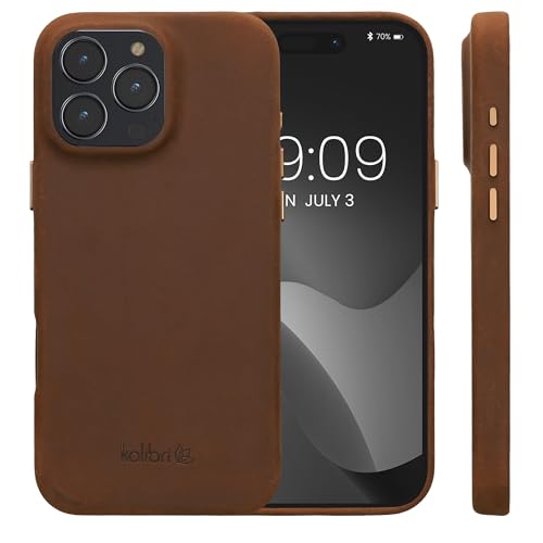 Image of kalibri Case Compatible with Apple iPhone 16 Pro Max - Case Smooth Genuine Leather Hard Case Anti Slip Cover - Brown
