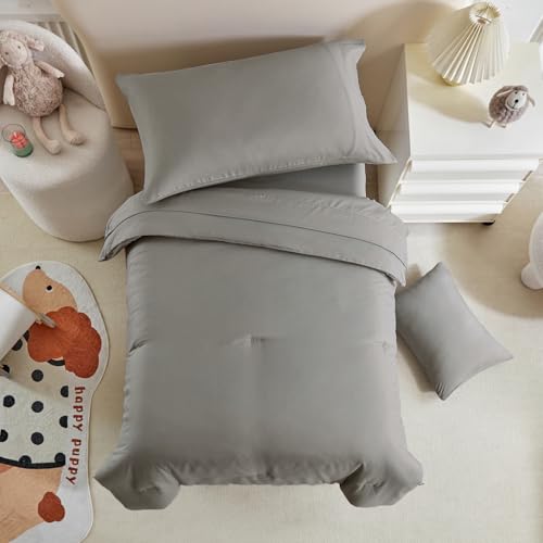 Image of Kids Comforter Sheet Set - Soft and Breathable Bed Set Includes Quilted Comforter, Fitted Sheet, Flat Top Sheet, Pillowcase and Toddler Pillowcase for Toddler - 5 Pieces Toddler Bedding Dark Gray