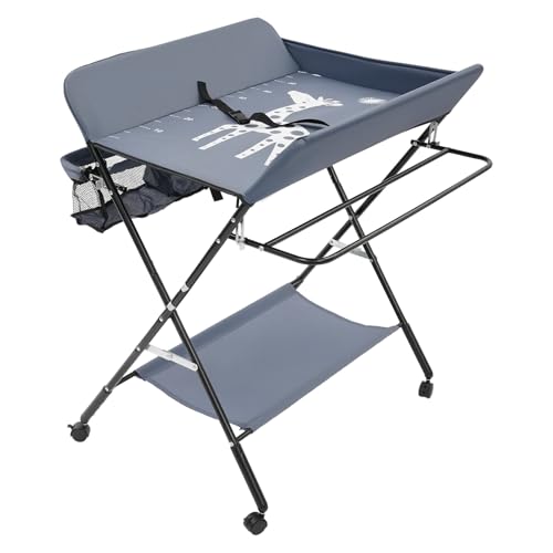 Cambiador de altura ajustable, cambiador plegable con espacio de almacenamiento, cambiador móvil, Oxford transpirable, marco de hierro, cinturón de seguridad, 80 x 63 x 96 cm gris, 25 kg, baño pequeño