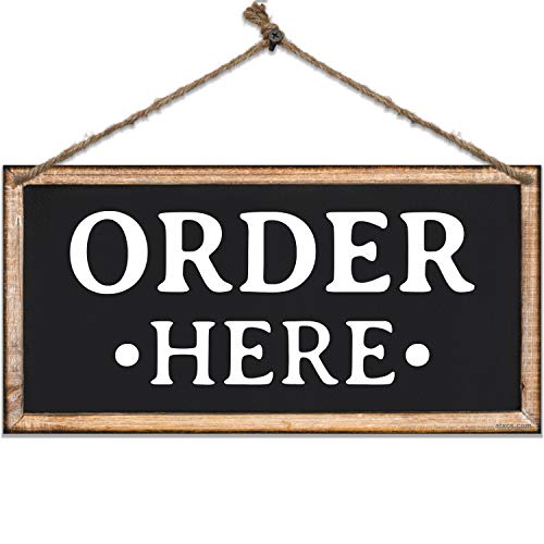 Order Here Sign for Pickup Counter – 6x12 Inch Metal Sign – UV Printed, Easy to Hang with Jute String – Indoor Outdoor Use for Cafes, Food Trucks, Restaurants (Black & White)
