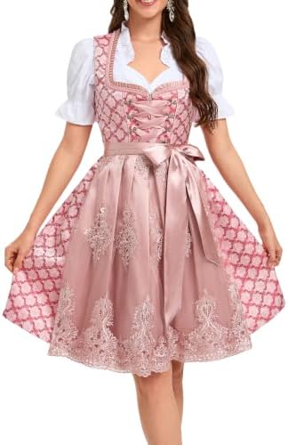 YesFashion Midi Dirndl Damen Trachtenrock Inkl. Dirndl Dirndlschürze Dirndlbluse Rosa Spitzenschürze Gr.34-52