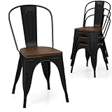 COSTWAY Set of 4 Stackable Dining Chairs, Metal Stacking Side Chairs with Elm Wood/Hollowed Iron Seat & Backrest, Industrial Tolix Chairs for Kitchen Dining Room Bar Bistro (Black, Elm Wood Seat)