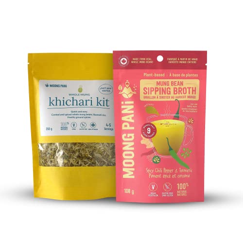 Mung Bean Sipping Broth(Chili & Turmeric) & Khichari (Kitchari Kit) | Vegan | 100% Natural | Gluten Free | Soy-Free | Keto-Friendly | 5 Flavours | Cooked, Spiced Whole Green Mung | Combo Pack #TOP28
