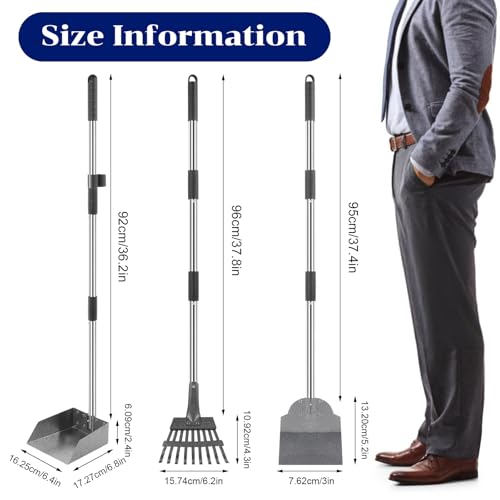 Image of 3 Pcs Dog Pooper Scooper Tray Shovel & Rake Kit, Heavy Duty Dog Poop Scooper with Adjustable Metal Long Handle, Portable Large Dogs Poop Picker Upper for Yard, Walks, Grass & Garden Leaves