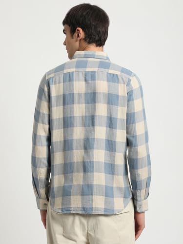 Image of THE BEAR HOUSE Men Blue Checked Slim Fit Cotton Linen Casual Shirt