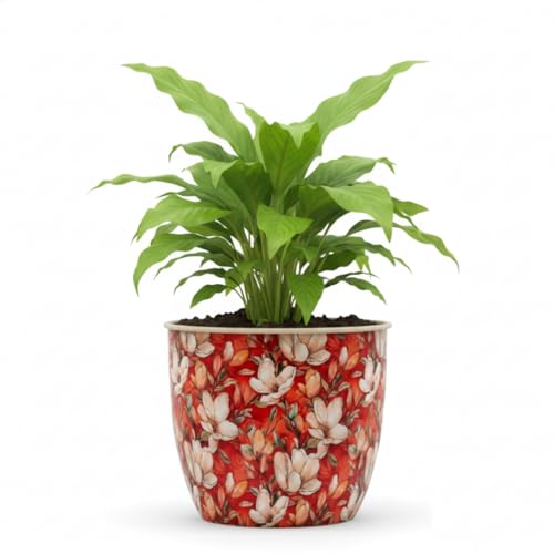 Image of The Happy Garden Galvanised Metal Plant Pot, Indoor & Outdoor Planter with Drainge Holes, Rust-Resistant Decorative Pots for Home, Balcony & Garden (Red Flower)