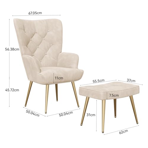 Hawthyhome Eleganter Sessel polsterstuhl Ohnzimmer Sessel Schminktisch Stuhl mit Hocker mit Metall Beinen fürs Wohnzimmer/Schlafzimmer Bis 150 KG belastbar Beige