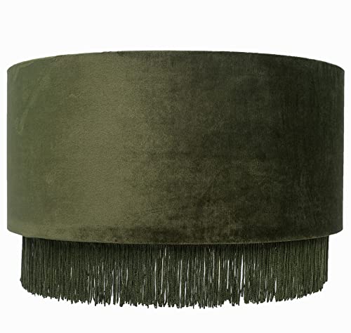 Tristan Home Premium Velvet Drum Lamp Shade with Fringe (Olive Green) 40cm Width 26cm Height (Including Fringe)