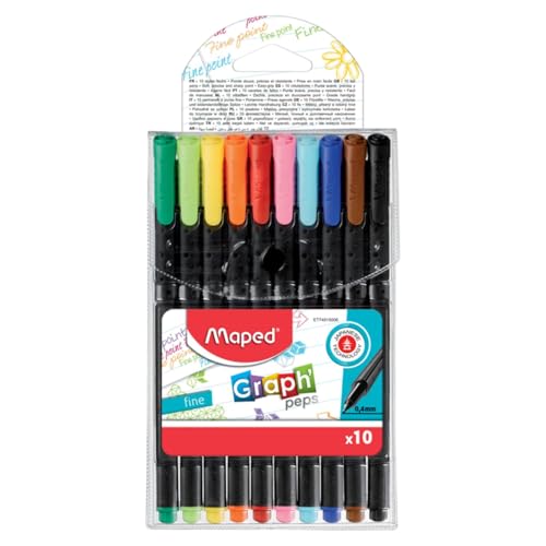 Maped Graph'Peps Classic 0.4mm Fine Tip Pens - Art & Writing - Bright Colors & Ergonomic Design - Pack of 10
