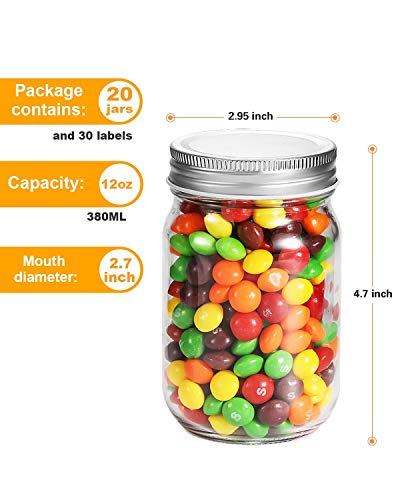 12Oz Glass Jars With Lids Regular Mouth 20 Pack -Mason Jars 12 Oz For Crafts, Meal Prep, Canning Jars For Food Storage Frascos De Vidrio Con Tapa Para Conservas-With 20 Chalkboard Stickers-Silver Lid #TOP3