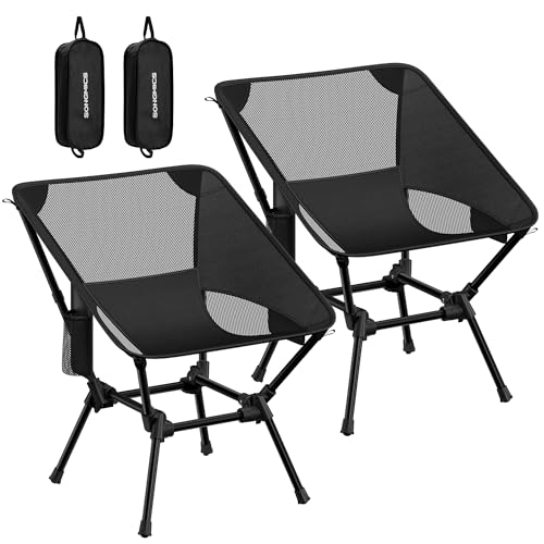 SONGMICS Chaises de Camping, Chaises de Plage Pliantes Hauteur Réglable, Structure en Acier, Supporte 150 kg, 2 Poches de Rangement par Siège, pour Voyages,...