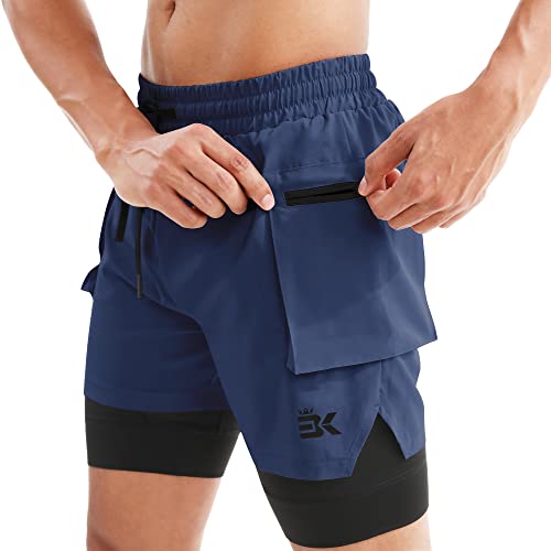 Mens Athletic Shorts Thigh Pockets,2 In 1 Gym Shorts,Lightweight Quick Dry Workout Fitness Sport Running Shorts For Men Zipper Pocket, 5 Inch Swim Trunk Compression Liner Board Short(Medium,Blue) #TOP1