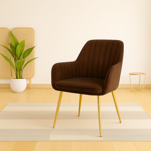 Image of Velvet Accent Chair with Matching Pouffe & Floral Cushion | Upholstered Lounge Armchair with Gold Metal Legs for Living Room, Bedroom, Office & Guest Room (Dark Brown)