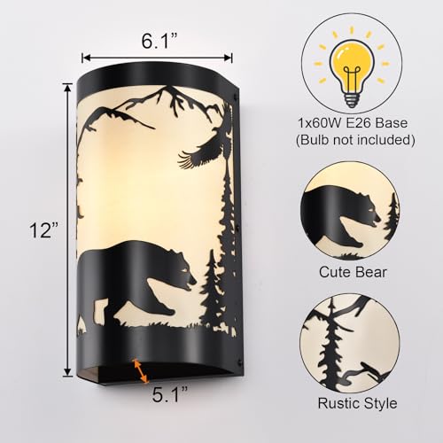 Image of Wall Sconce Light,Bear Metal Cream Parchment Rustic Wall Sconces,Farmhouse E26 Base Black Matte Hallway Sconces Wall Lighting,Vintage Wall Mount Lamp for Living Room,Bedroom(Hardwired Only)