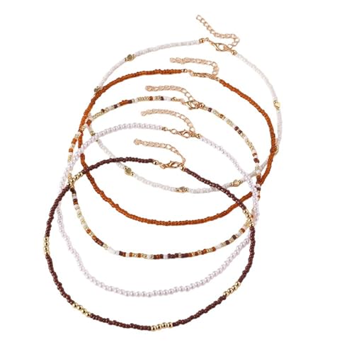 5 Pcs Boho Layered Beaded Necklace Set for Women Adjustable Seed Beads Chain Necklaces Lightweight Gold Beaded Imitation Pearl Choker Necklace Summer Beach Jewelry-Brown