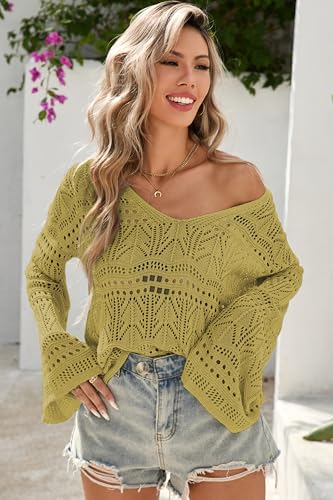 Image of Cakulo Womens Summer Crochet Tops Boho Off Shoulder Sweaters Lightweight V Neck Loose Vacation Resort Wear 2026 Green M