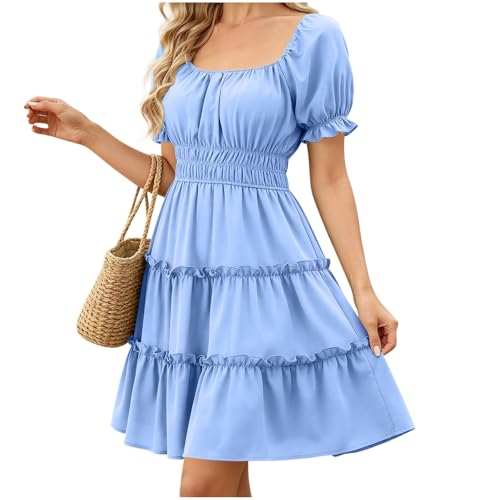Image of Summer Dress for Women UK Square Neck Ruffle Short Sleeve Midi Dresses Milkmaid Sundress Elegant Office Casual Party Dresses Ladies Beach Holiday Ruffle Midi Dress Strand Light Blue
