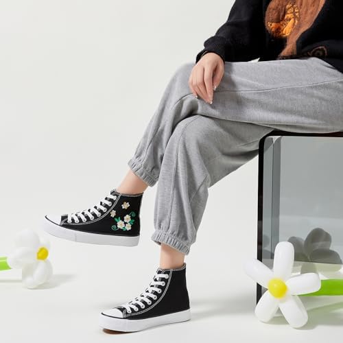 hash bubbie Unisex Fashion High top Sneakers Womens Classic High Tops Canvas Shoes Casual Tennis Shoes for Men(Black Flower,US8W/US6M) | Image 7