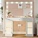 IFSEB Vanity Desk with Large Mirror and Lights, Glass Top Makeup Vanity with Lights & Power Outlet for Bedroom, 3 Color Lighting Modes, White Dressing Table for Women