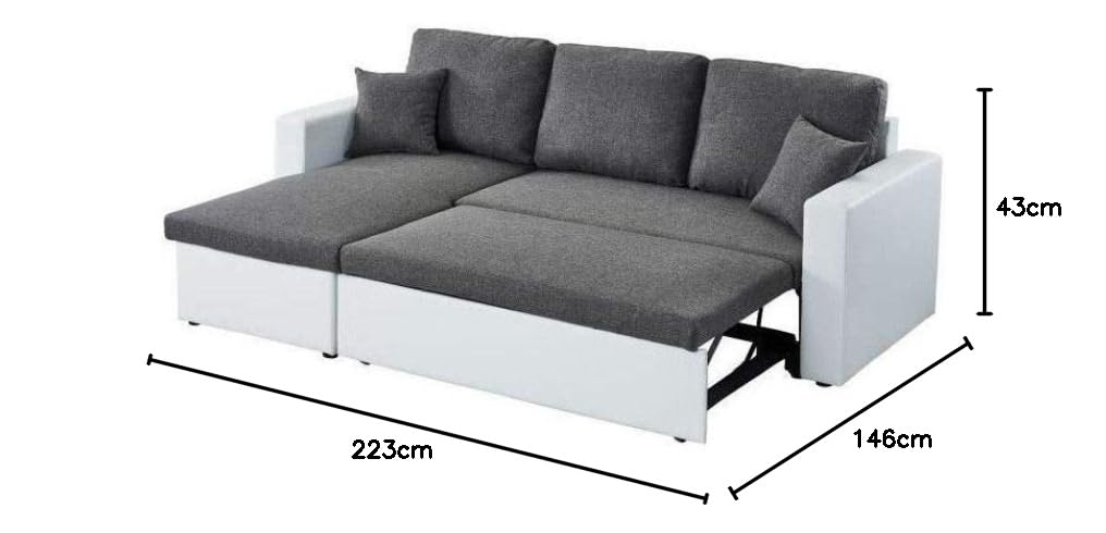 BAÏTA Canapé d'angle Aspen Convertible 4 Places avec Angle réversible et Coffre de Rangement en PU et Tissu Blanc et Gris