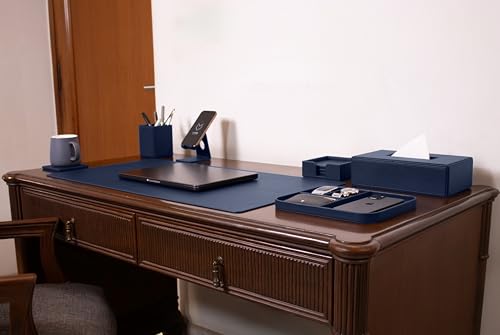 Image of V-CUBE Designs Premium Vegan Leather Executive Set of 6| Multipurpose Personal Desk Organizer| Desk Mat | Valet Tray| Tissue Holder | Pen Holder| Coaster | Mobile Stand for Office Table & Home - Blue